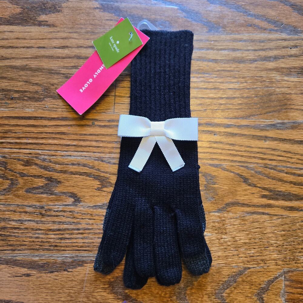 Kate Spade Black Gloves White Bow Touch Fingertips NWT Wool Blend